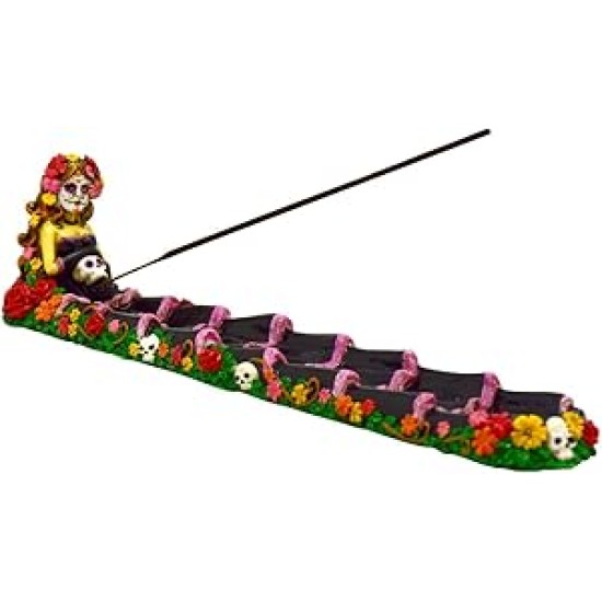 10" FLOWER SUGER SKULL INCENSE BURNER