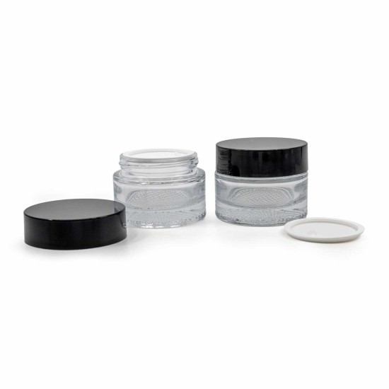 10ML BLACK PLASTIC TOP CLEAR GLSS JAR 50/BAG