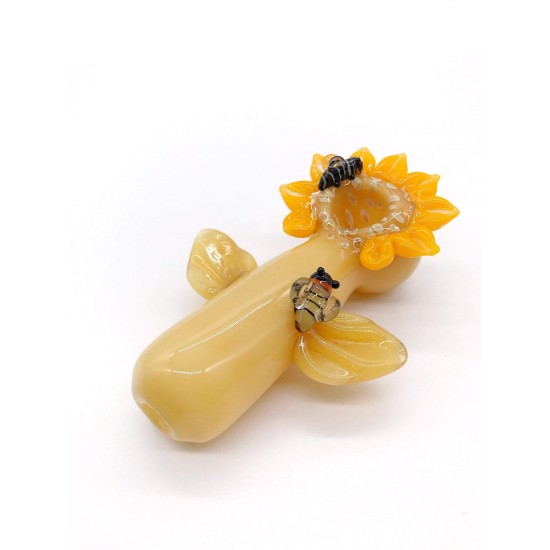 4.53" GLASS HAND PIPE FLOWER & HONEYBEE 4.53" GLASS HAND PIPE FLOWER & HONEYBEE