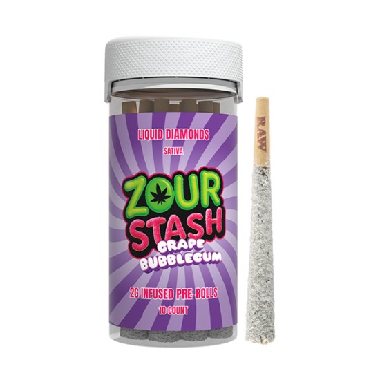 ZOUR STASH THCA LIQUID DIAMONDS INFUSED PREROLLS 2G 10CT/JAR - GRAPE BUBBLEGUM