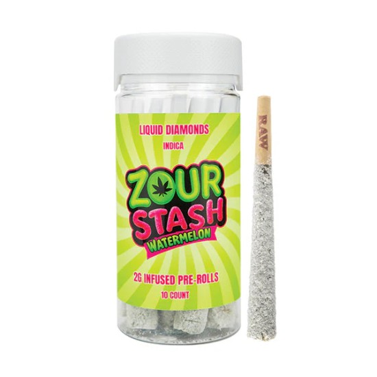 ZOUR STASH THCA LIQUID DIAMONDS INFUSED PREROLLS 2G 10CT/JAR - WATERMELON (INDICA)